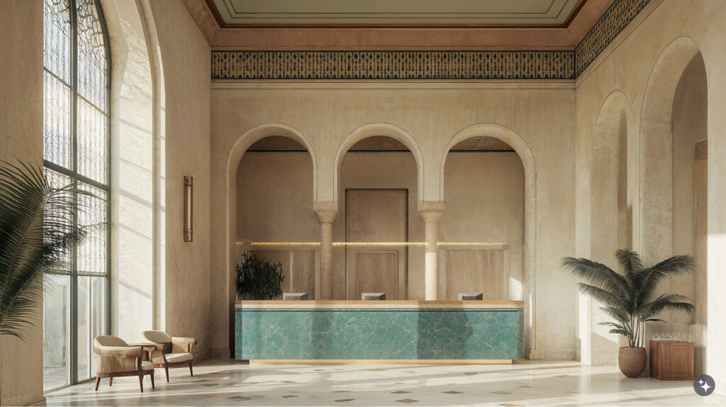 A Egyptian revival hotel lobby with marble tile flooring, coffered ceilings, and limestone walls.