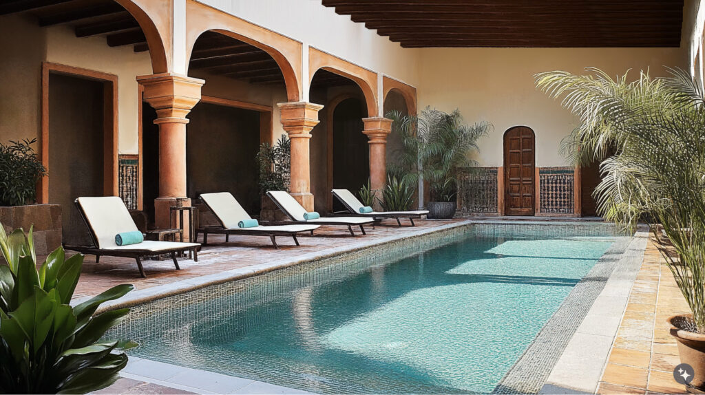 A Mexican hacienda designed hotel with a large pool, mosaic walls, and wood paneled ceilings.