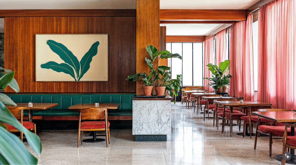 A Brazilian Modernist Designed restaurant with stone tile, wood tables and chairs, wood wall panels, green leather upholstery and foliage surrounding.