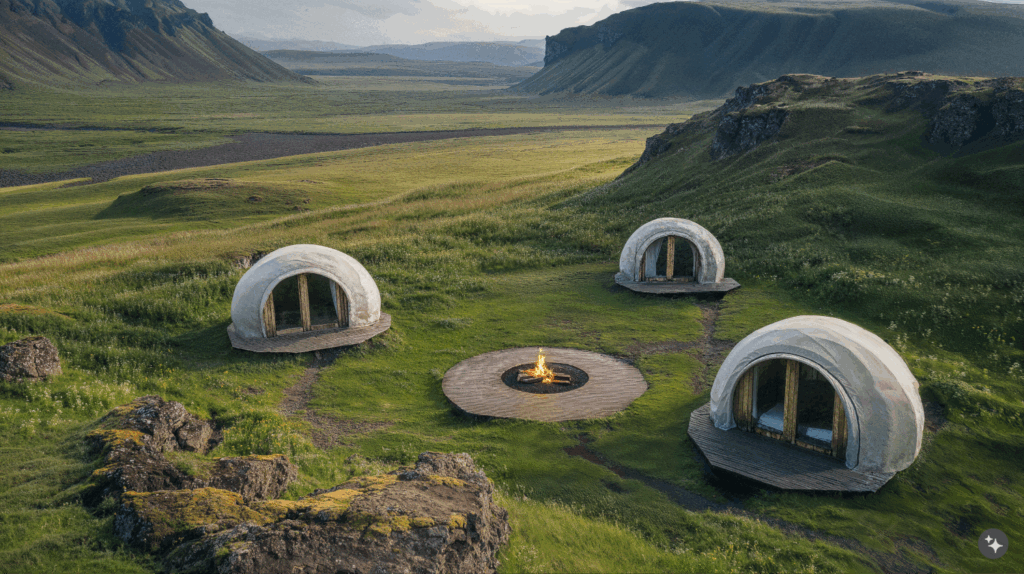 An Icelandic minimalist designed hospitality space with wood flooring, gravel walkways, and stone fire pit.