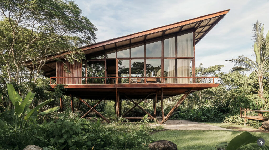 Balinese design vacation rental built of wood and glass on stilts. There is a slanted roof and the house is surrounded by natural foliage on all sides. 