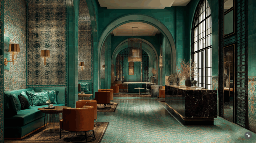 An Ottoman Turkish hospitality space with jade colored walls, leather upholstered furniture, and gilded sconce lighting.