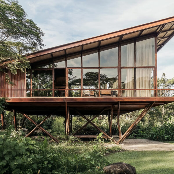 Balinese design vacation rental built of wood and glass on stilts. There is a slanted roof and the house is surrounded by natural foliage on all sides.