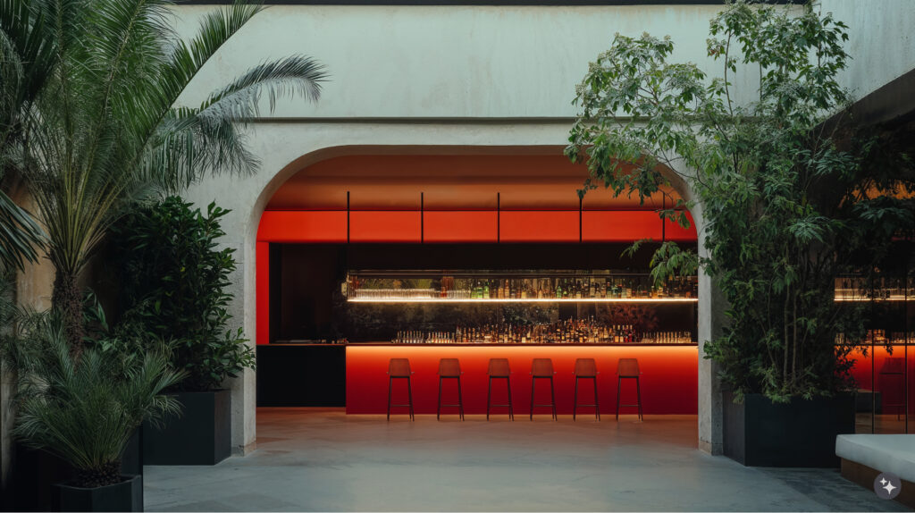 Venetian design nightclub with an outdoor space filled with large plants and trees softening a concrete facade. Archway entryways lead into a nightclub and bar with ambient lighting surrounding the bar with shelves of liquor and barstools surrounding the front of the bar. 