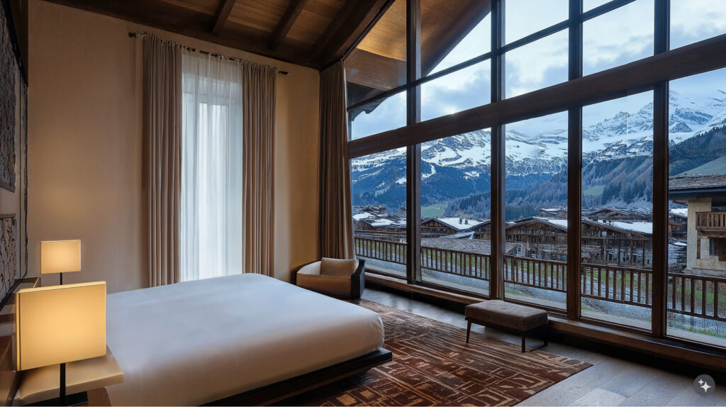 Swiss Alpine design hotel room in neutrals and brown tones. A comfortable sits in the middle of the room a top a brown and beige geometric print rug on top of dark hardwood floors. Large floor to ceiling windows overlook sweeping views of the mountains and evergreen trees dusted in snow. 