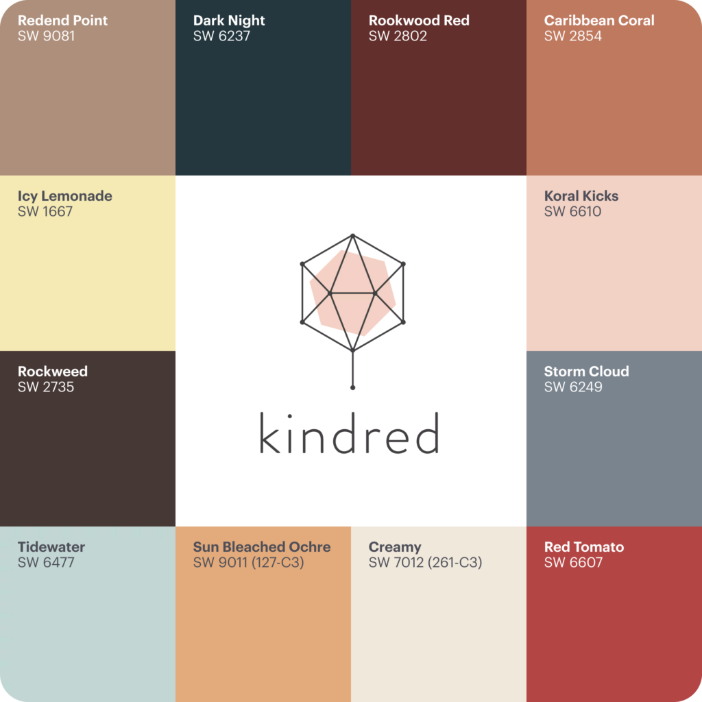 An image showcasing all the colored paint options included in the Sherwin-Williams Colormix® 2025: Capsule Kindred.