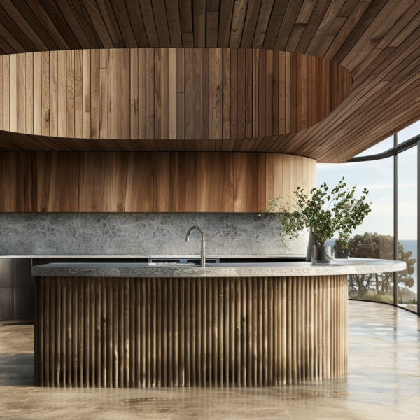 An interior kitchen with wood slats on the walls, natural stone countertop and island in front of large windows overlooking ocean, curved wood slat covered ceiling, modern design, warm tones.