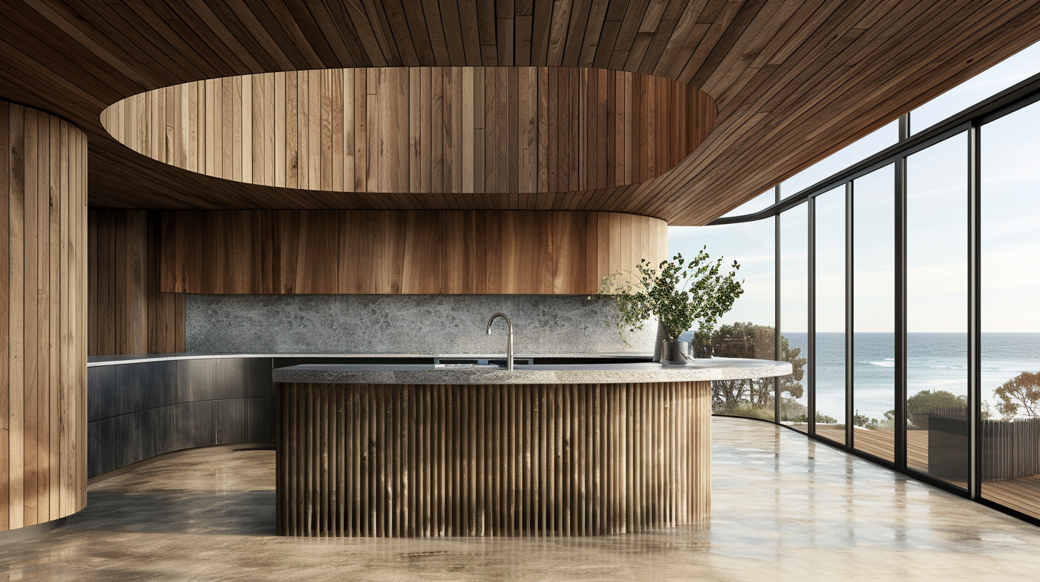 An interior kitchen with wood slats on the walls, natural stone countertop and island in front of large windows overlooking ocean, curved wood slat covered ceiling, modern design, warm tones.