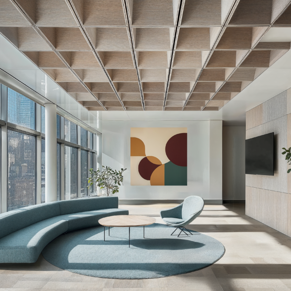 Acoustic innovations featuring a lobby workspace with natural lighting, modern blue sofa, circular blue rug, chair and coffee table, and sound absorbing ceiling.