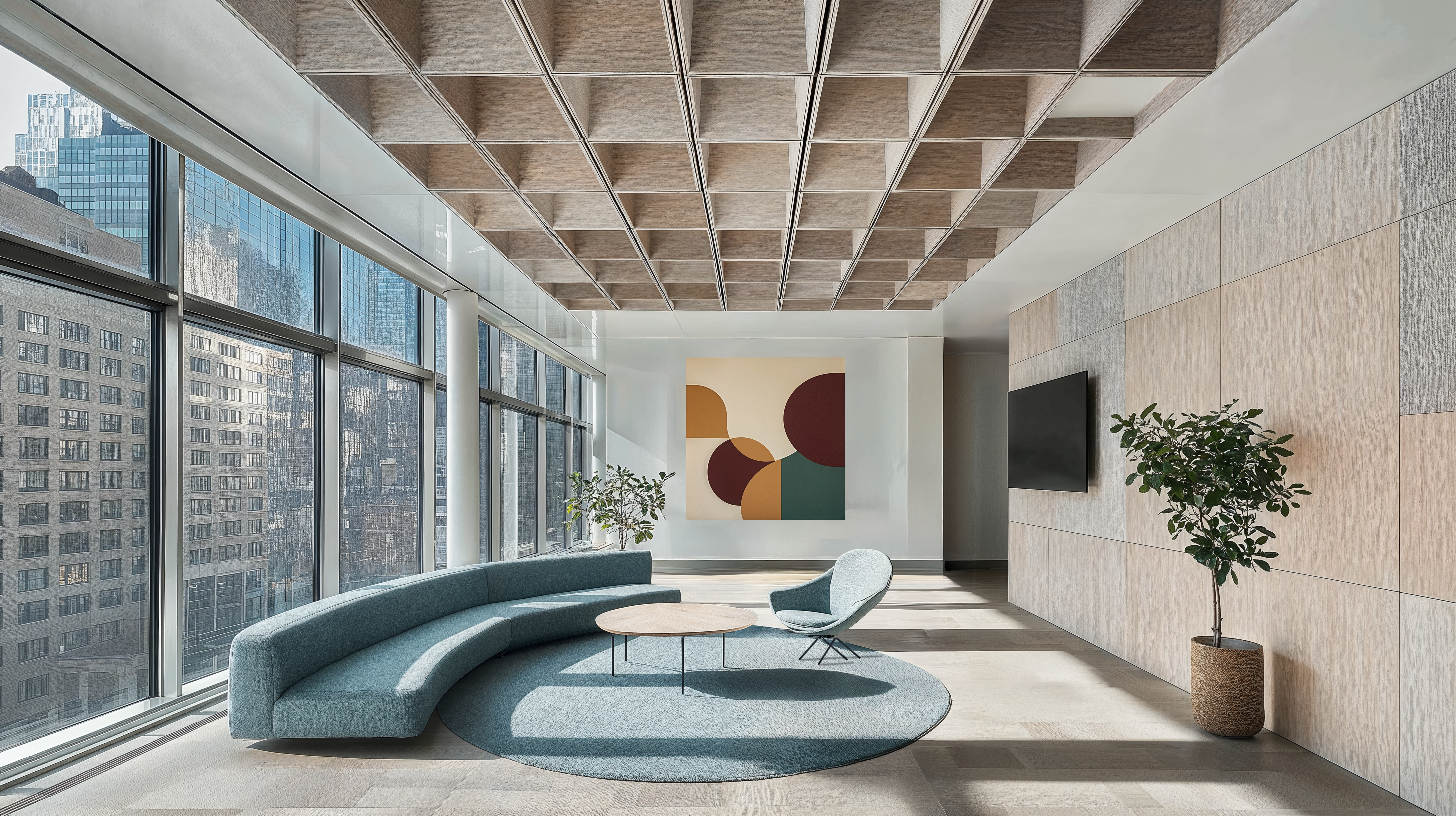 Acoustic innovations featuring a lobby workspace with natural lighting, modern blue sofa, circular blue rug, chair and coffee table, and sound absorbing ceiling.