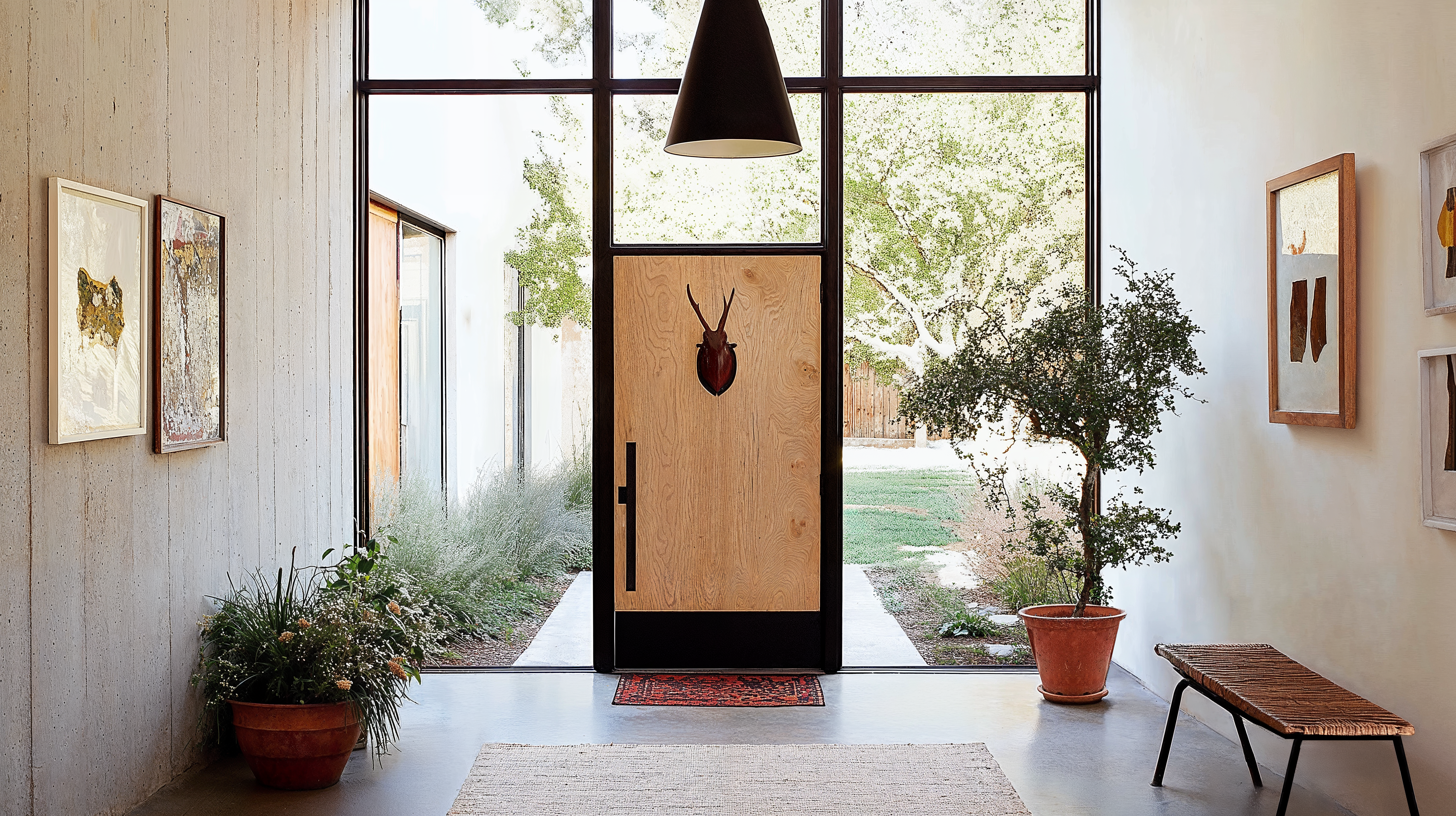 An artisanal modern home with concrete walls, wooden furniture, and ornate carpets.