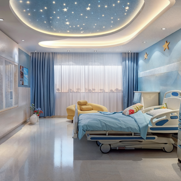 Child-centric design in a hospital room featuring calming blue tones, stars on the ceiling and walls, and a yellow ergonomic chair.