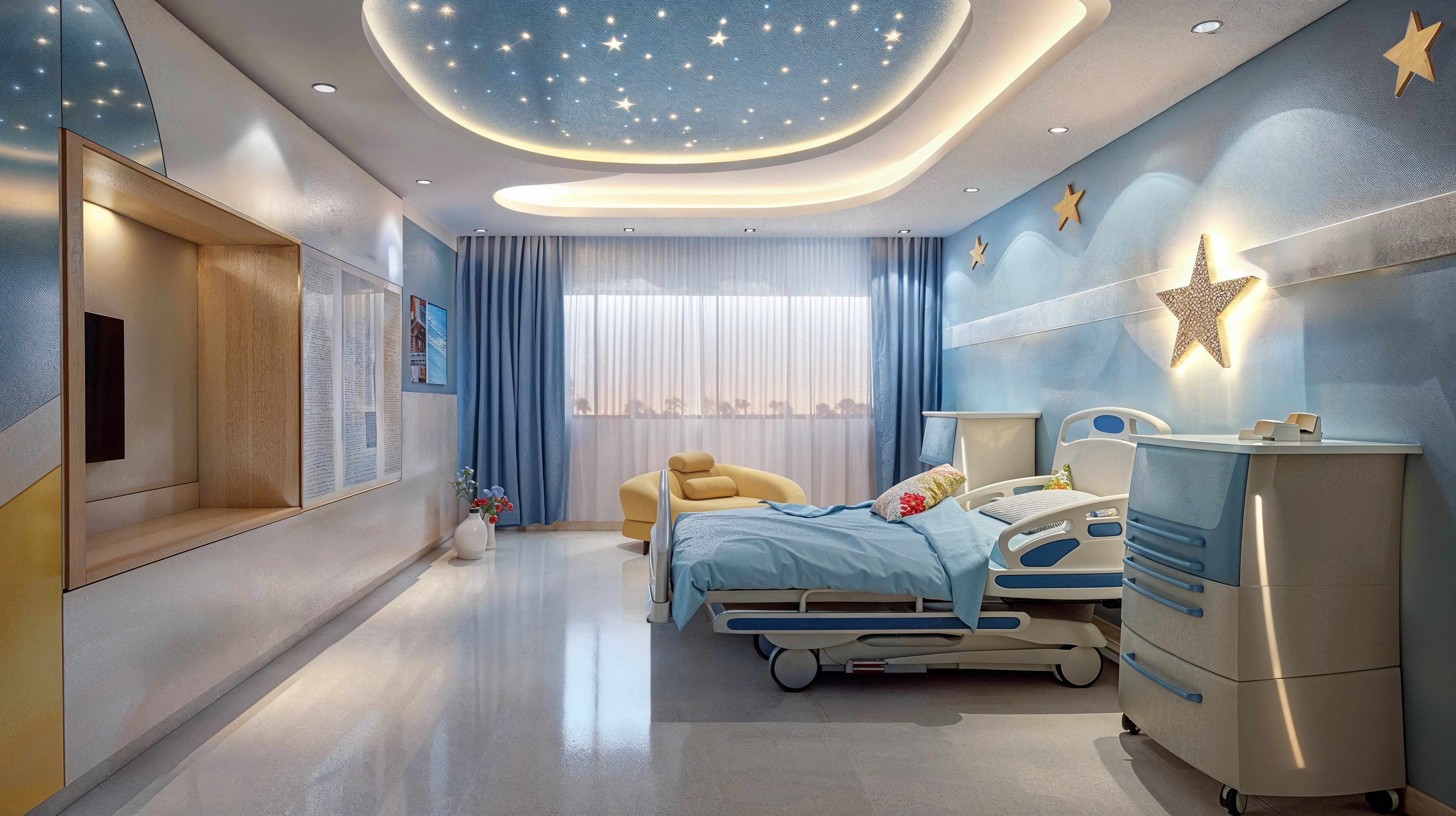 Child-centric design in a hospital room featuring calming blue tones, stars on the ceiling and walls, and a yellow ergonomic chair.