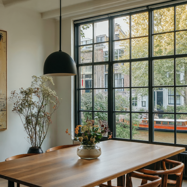 Dutch canal house dining table area with a wood table and chairs, plants, paneled windows, pendant lighting, and artwork.