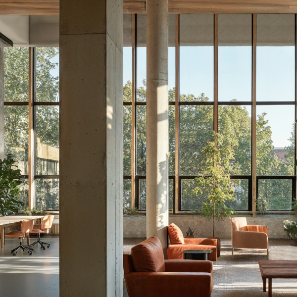 Health-focused schools featuring natural light, enlarged windows, plants and greenery, open layout, wooden tables, neutral tones, armchairs, wood panels, and pendant lighting.