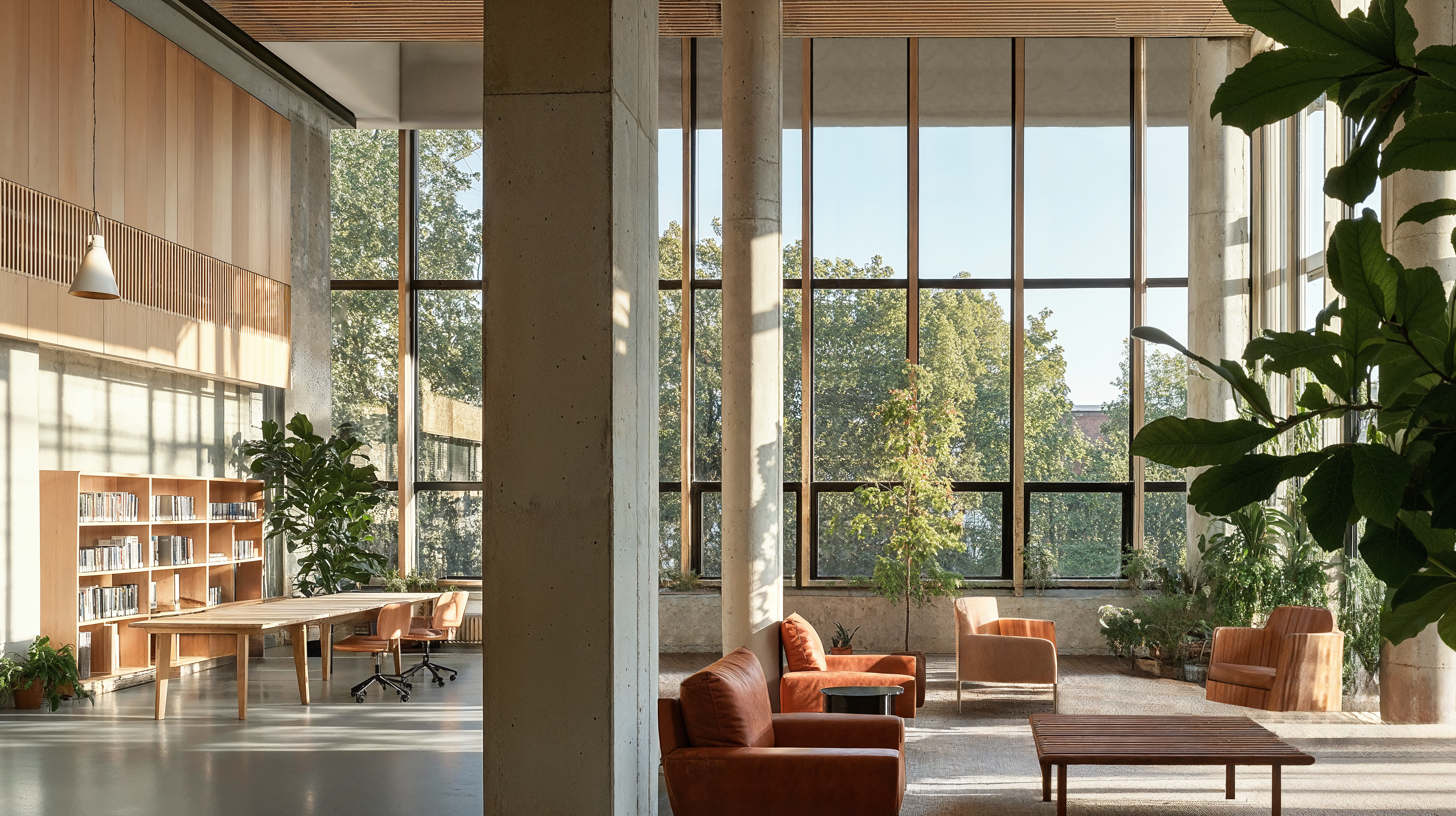 Health-focused schools featuring natural light, enlarged windows, plants and greenery, open layout, wooden tables, neutral tones, armchairs, wood panels, and pendant lighting.