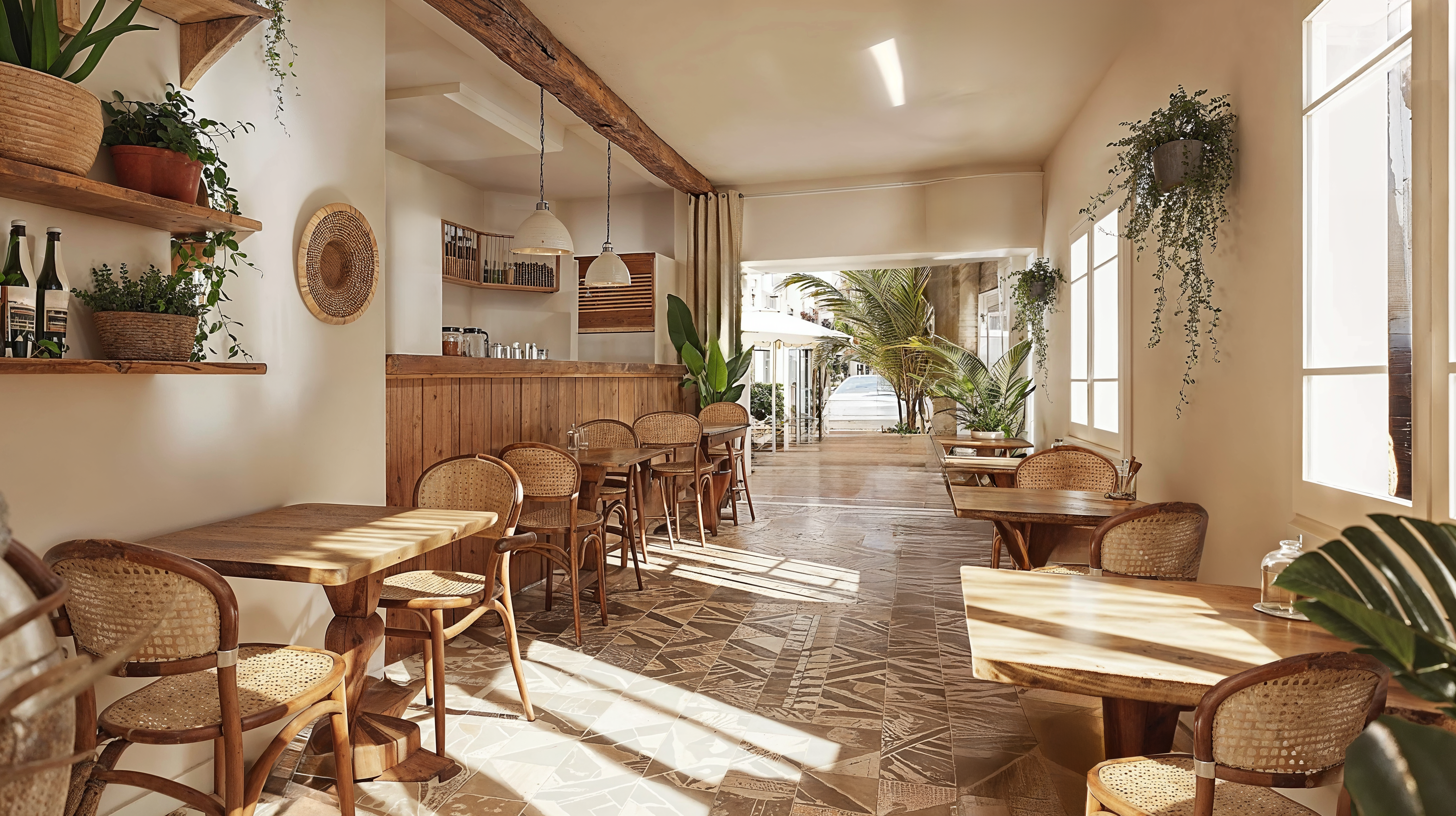 Mediterranean design in a charming bistro with natural light, brown mosaic tile floors, wood tables, rattan chairs, and greenery.