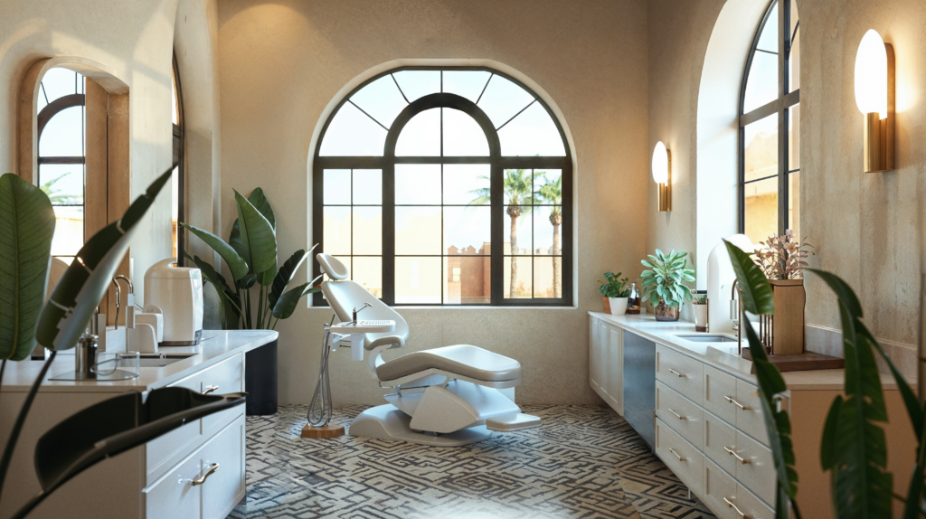 Mediterranean design in a dental office, with mosaic painted tile floors, archway windows and neutral color palette. 