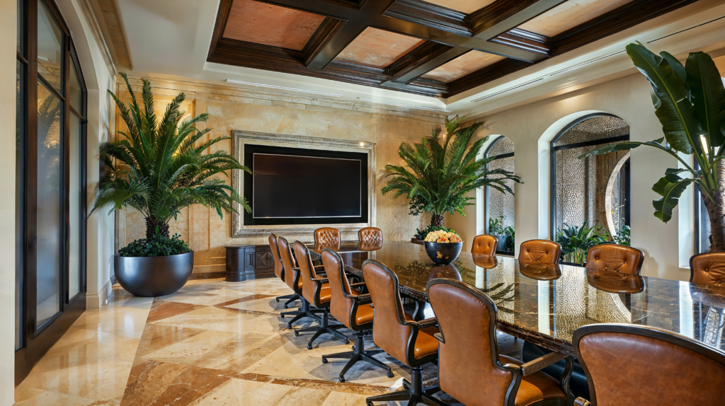 Mediterranean design in an office conference room. Earth tones throughout the room. Marble floor with a large polished wooden conference table with brown leather chairs surrounding it. Large green plants add a pop of color and creates warmth in the space. 