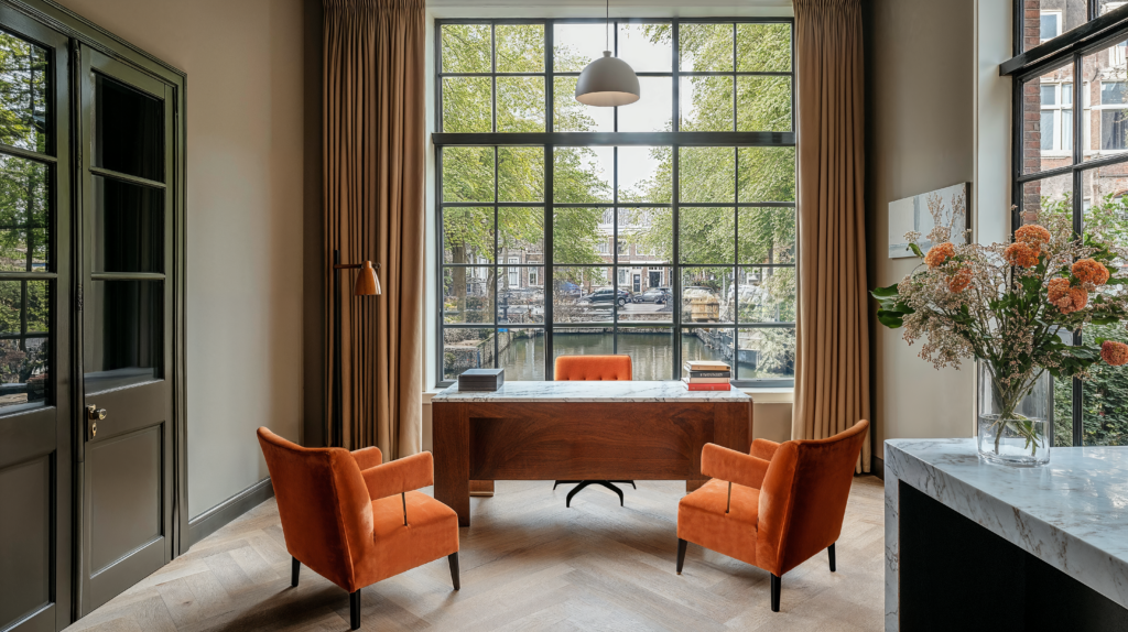 Dutch canal house medical office with natural light, large windows and curtains, pendant lighting, wood floors and table, orange chairs, and flowers.