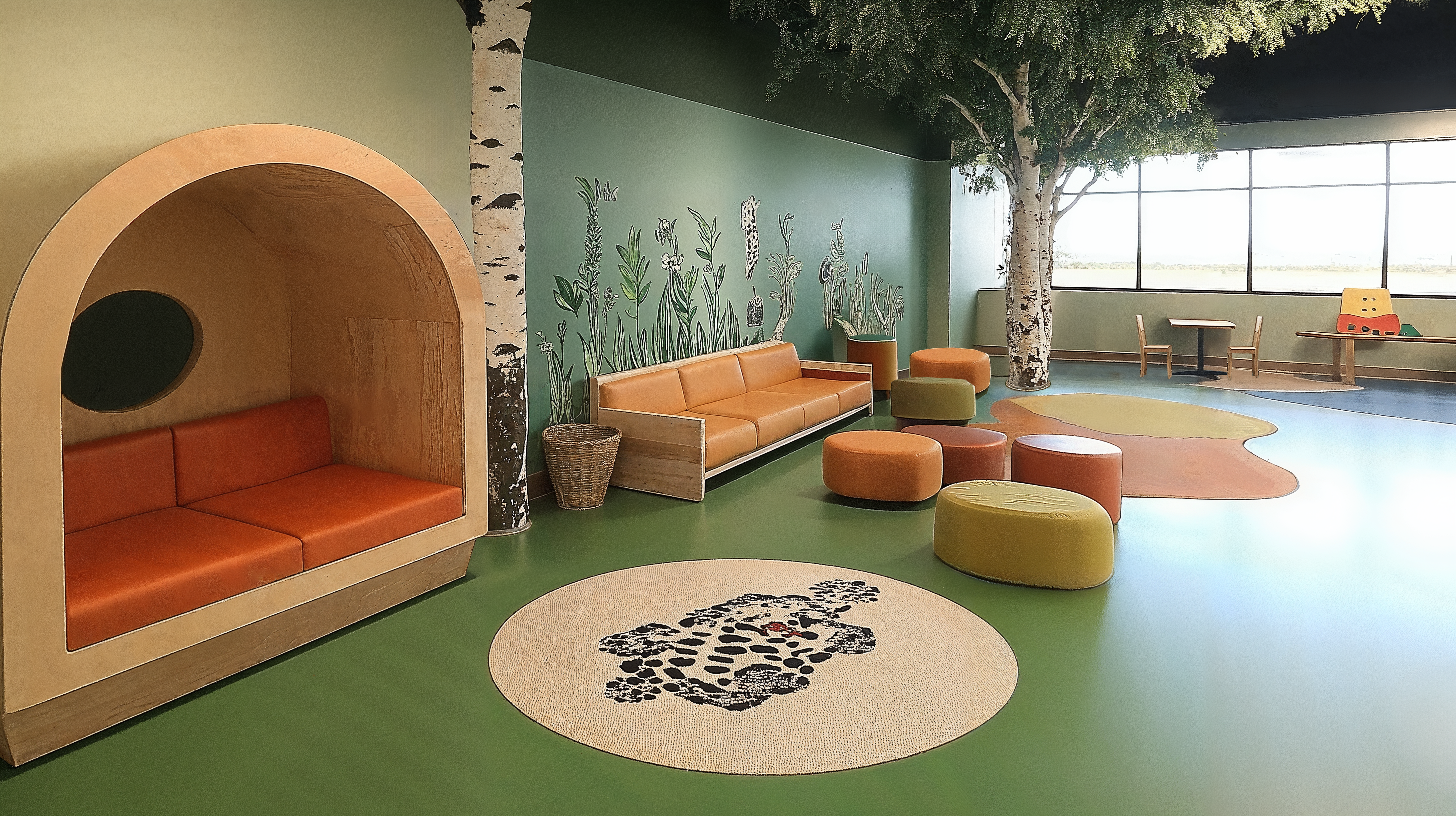 Playrooms in Pediatric Healthcare in a nature inspired theme with large fake trees in growing out of the floor, brightly colored green floor, with seating areas in shades of red, orange and yellow providing different areas for play.