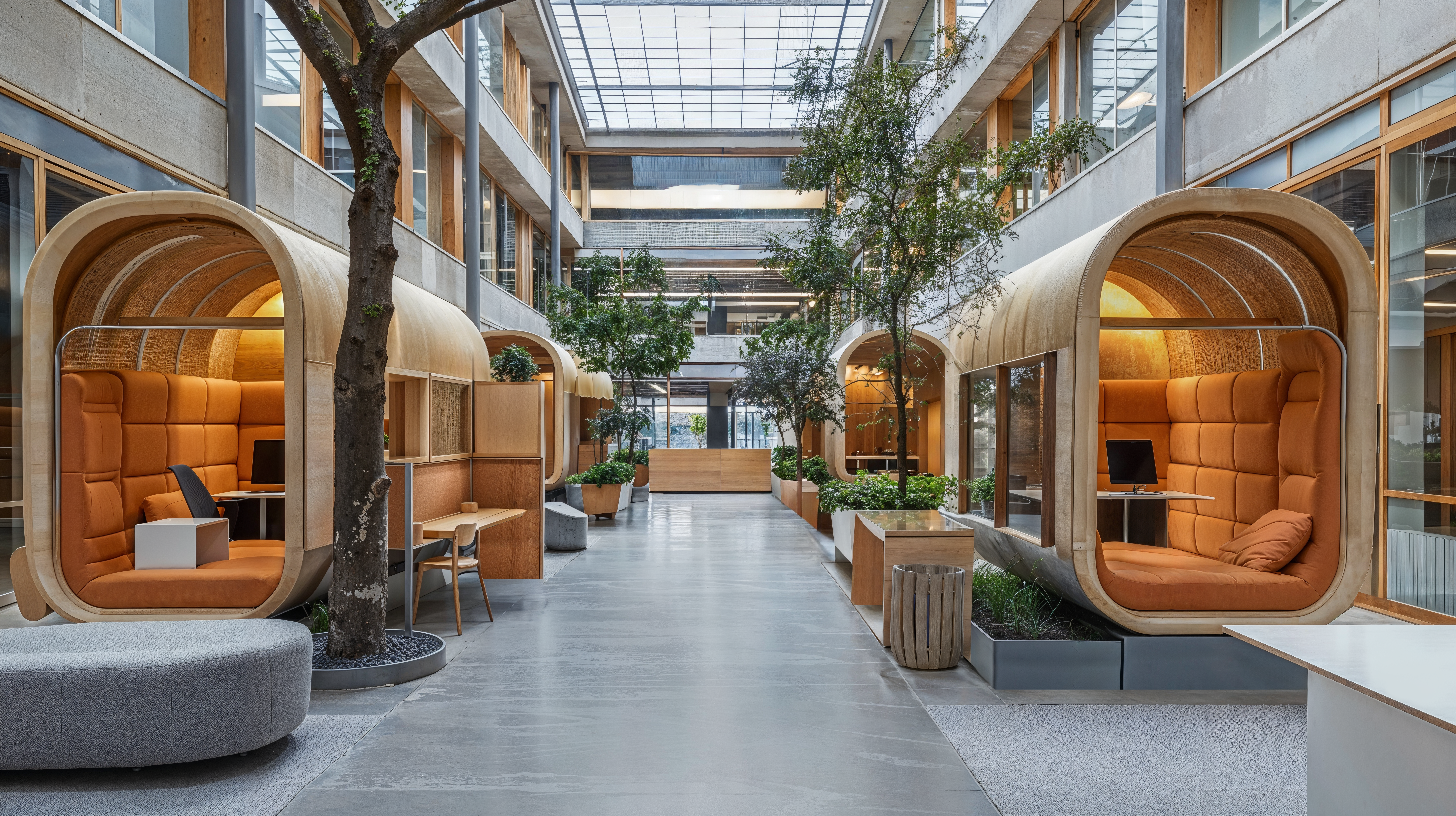 Micro-learning pods in a university, featuring natural light, plants and greenery, and modern wooden micro-learning pods with comfortable seating.