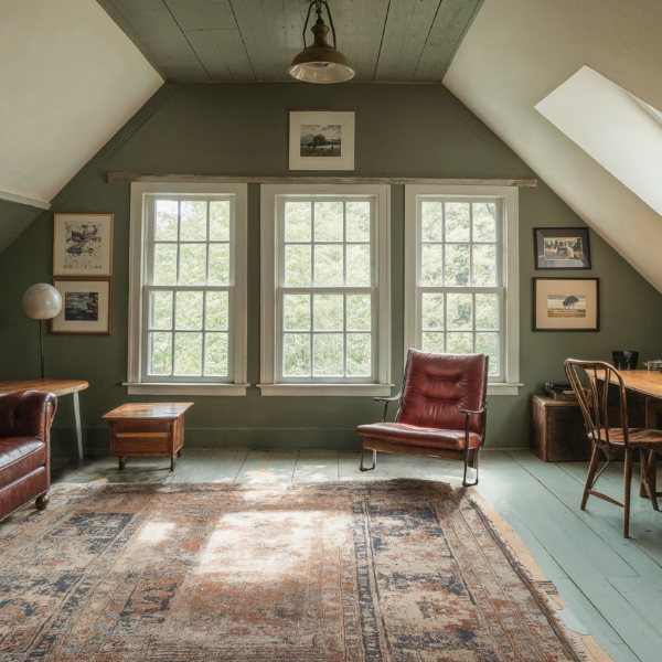 Retro Americana attic study featuring natural light, vintage rug, neutral green paint, wooden desk, and classic leather sofa.