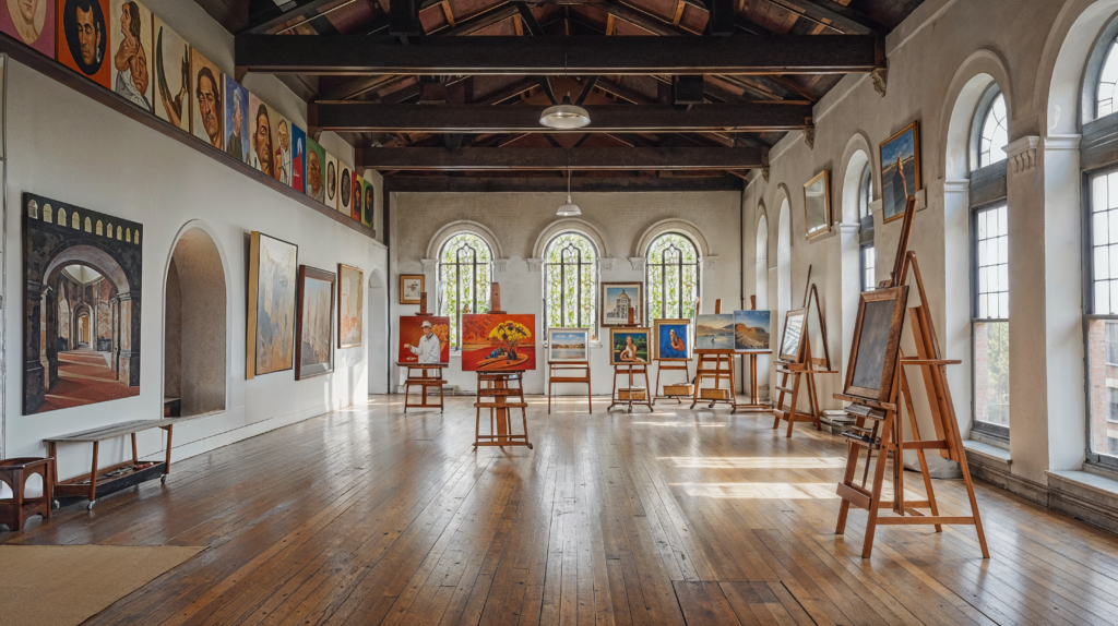 Mediterranean design in an art studio, wood floors, arched doorways and windows surround the room flooding light into the space. White walls with wood beams and vaulted ceiling. 