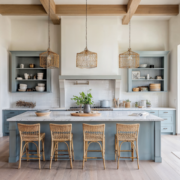 A bright and airy kitchen with sky blue cabinets, white square tiles, wood floors, and stone surfaces.