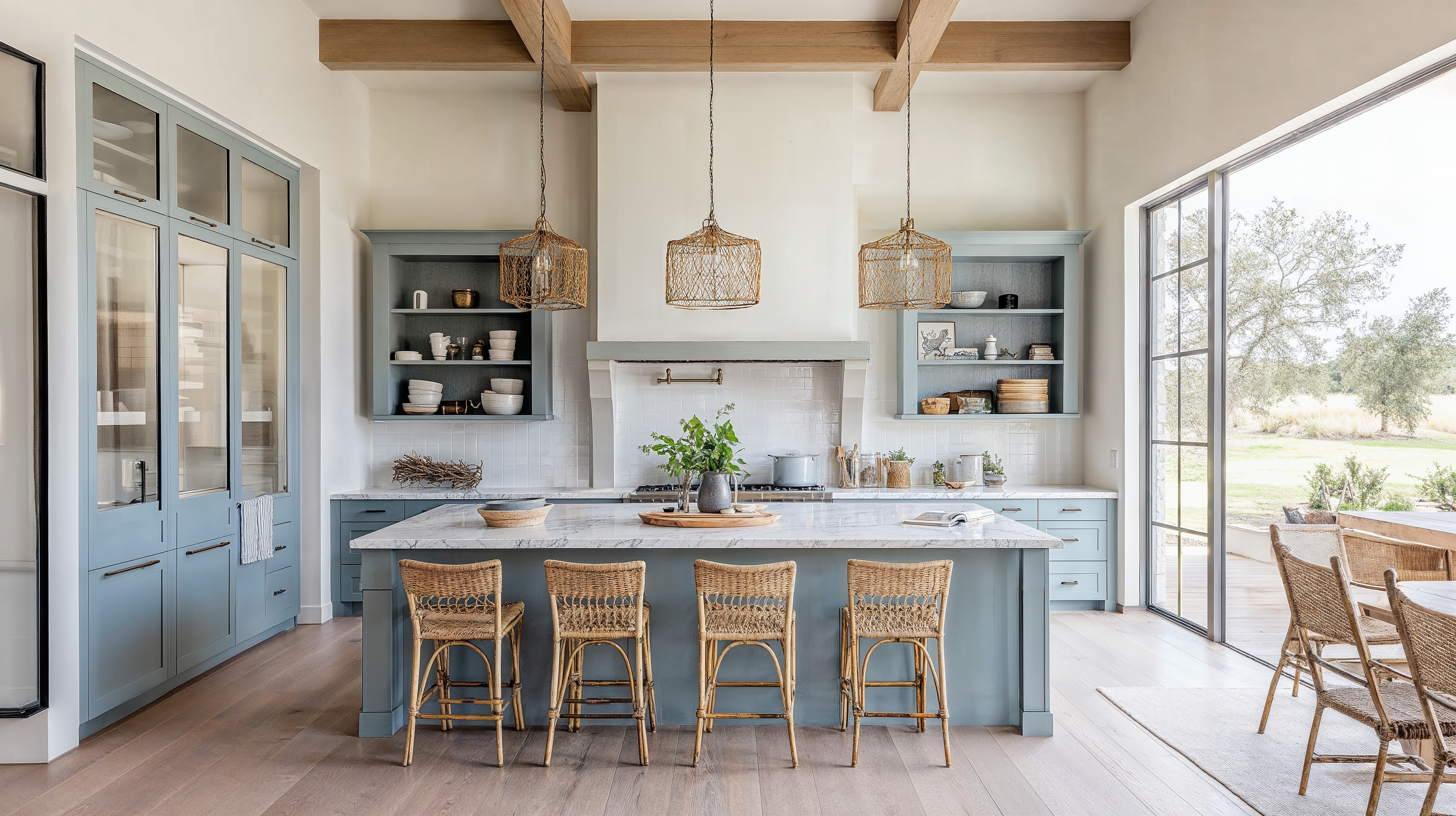 A bright and airy kitchen with sky blue cabinets, white square tiles, wood floors, and stone surfaces.