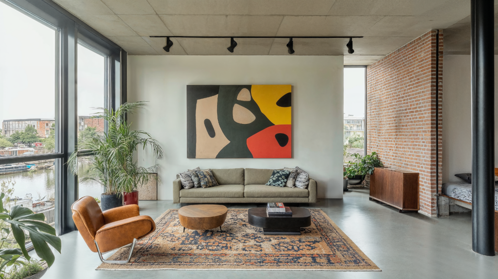 Dutch canal house studio apartment space with brick walls, concrete flooring, abstract artwork, natural light, patterned rug, and coffee table, couch, and modern chair.