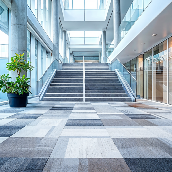 A workplace with low-impact flooring for high-traffic areas such as the lobby, durable carpeted flooring, open space, and glass windows.