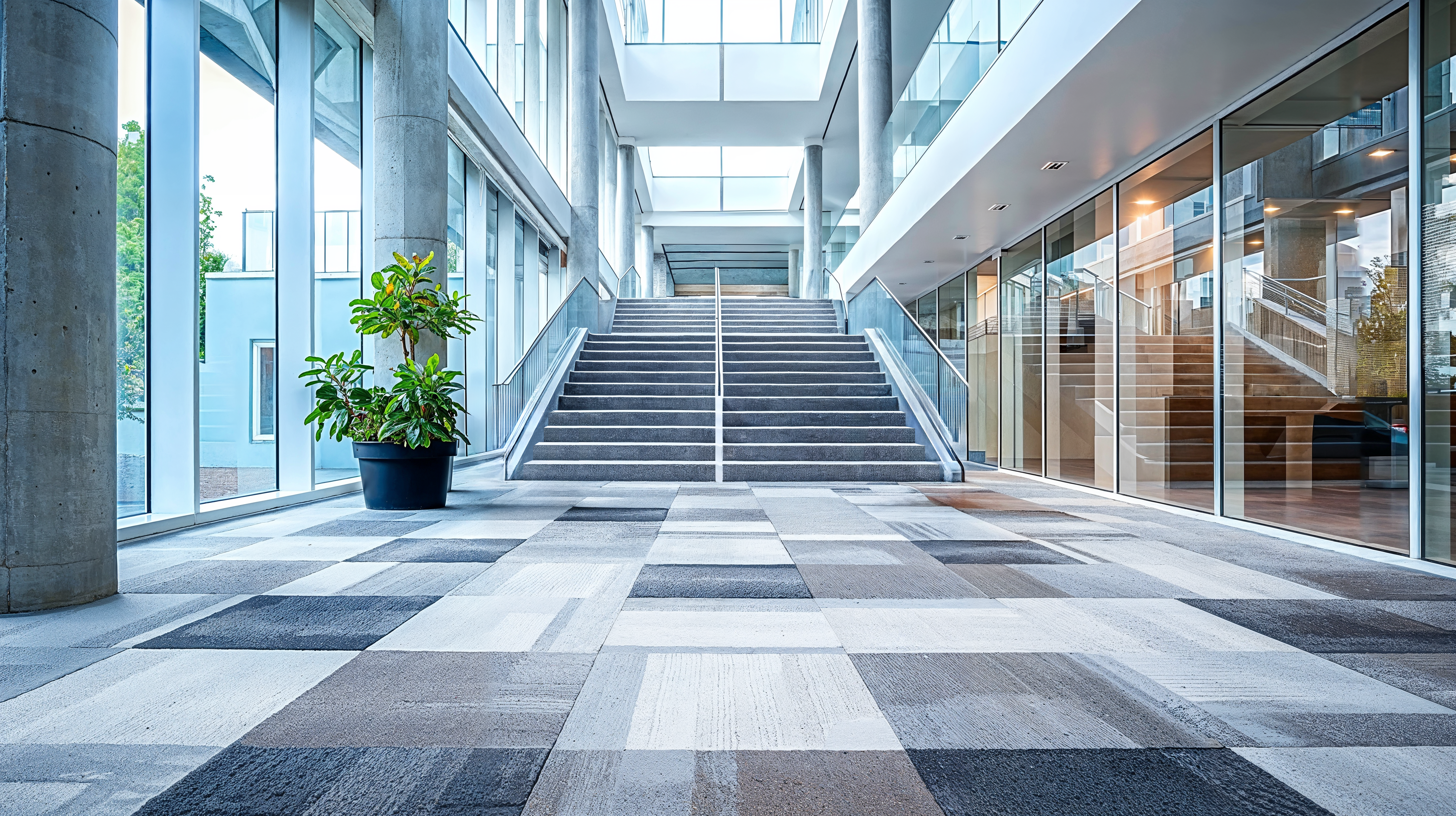 A workplace with low-impact flooring for high-traffic areas such as the lobby, durable carpeted flooring, open space, and glass windows.