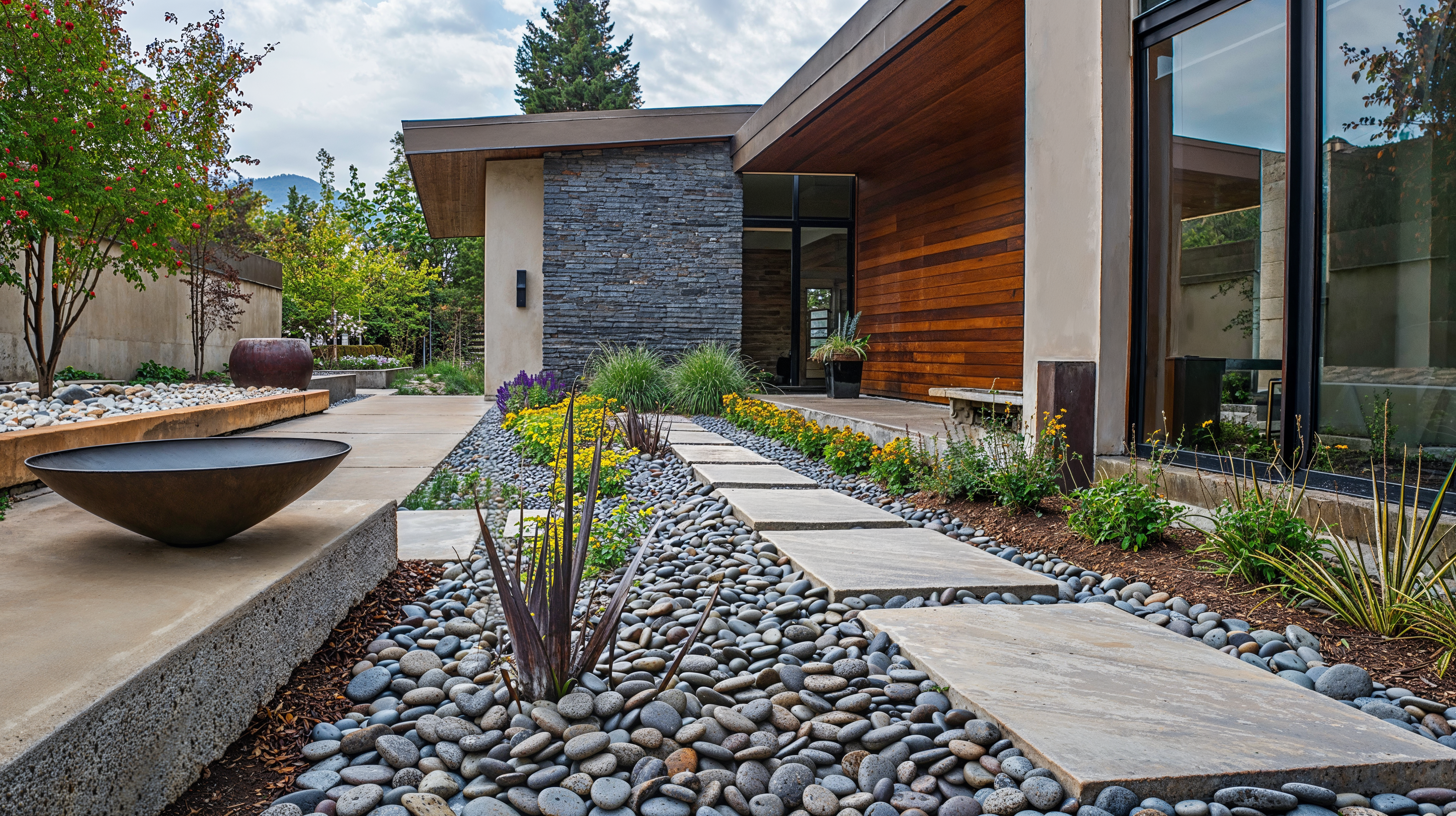 Designing for water conservation with a landscape featuring plants and succulents, a bed of rocks, stone pavement, and a fountain of water.