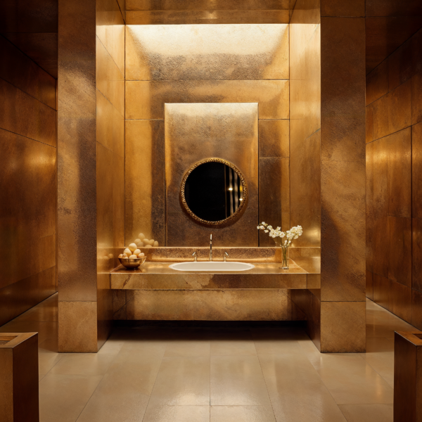 Gold bathrooms with luxurious gold walls, faucet, and sink, circular mirror, and champagne tile floors.