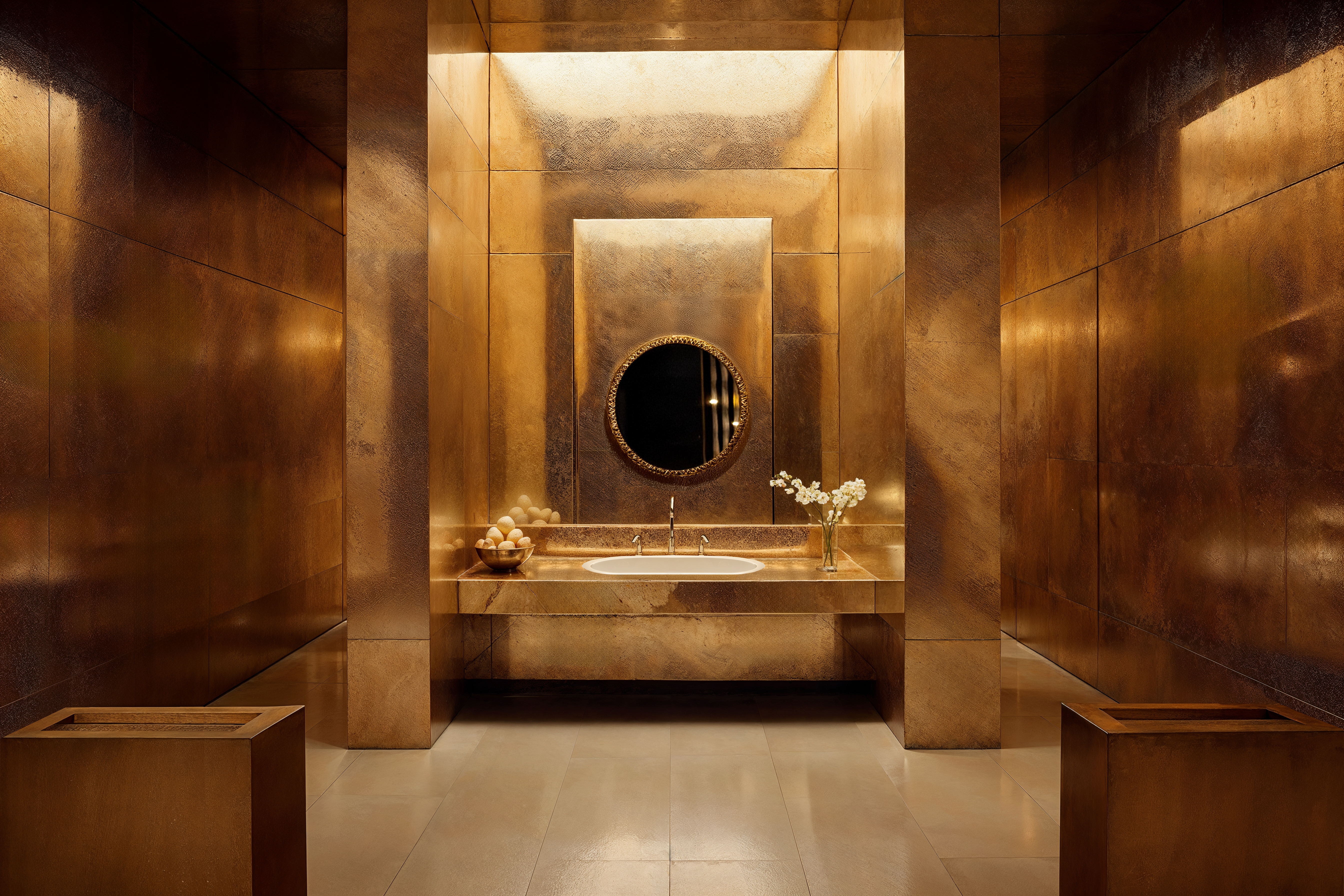 Gold bathrooms with luxurious gold walls, faucet, and sink, circular mirror, and champagne tile floors.