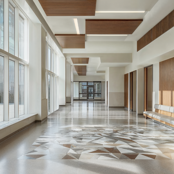 A barrier-free healthcare facility with wooden wall paneling, tile flooring, and acoustic baffled ceilings.