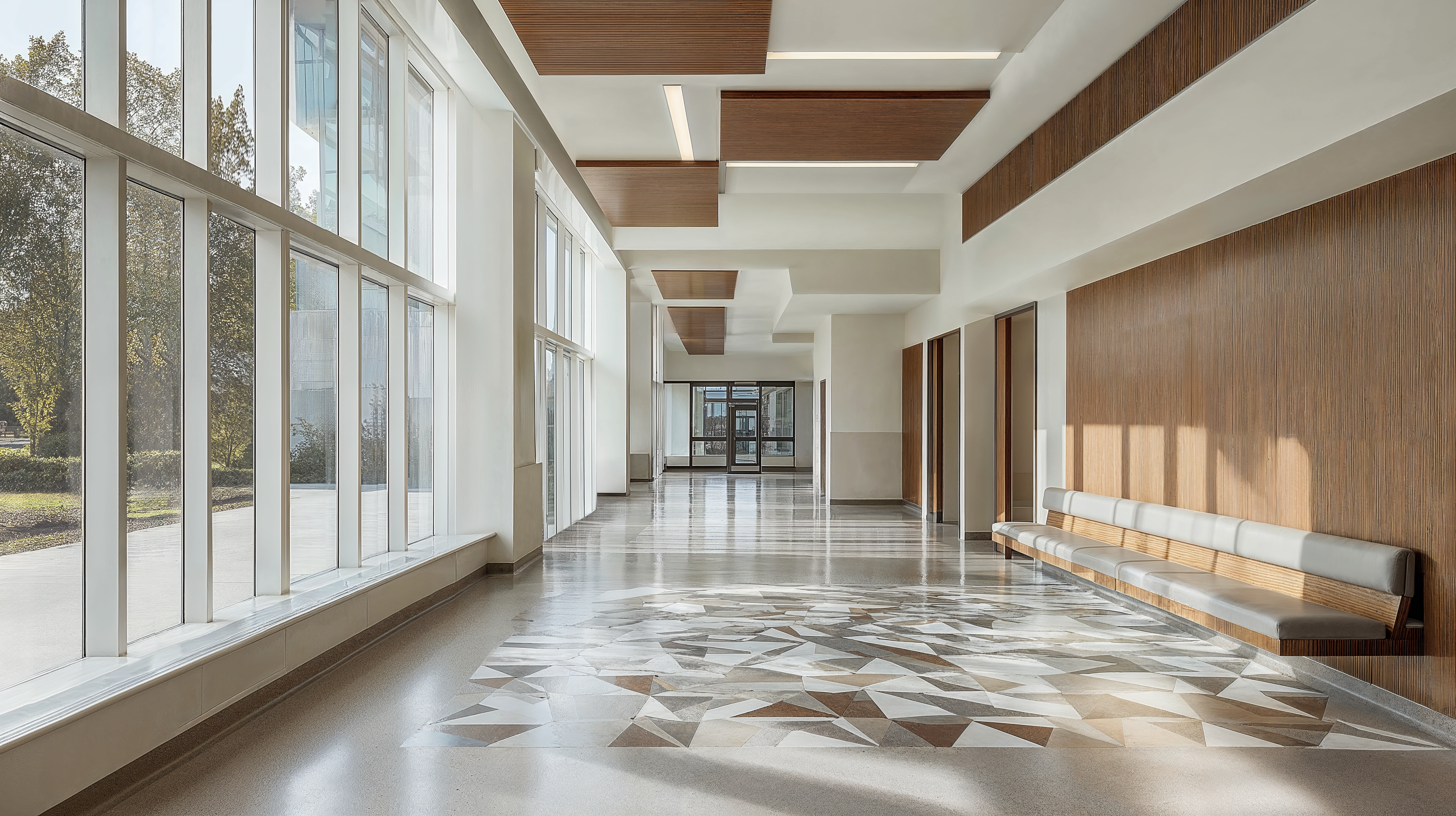 A barrier-free healthcare facility with wooden wall paneling, tile flooring, and acoustic baffled ceilings.