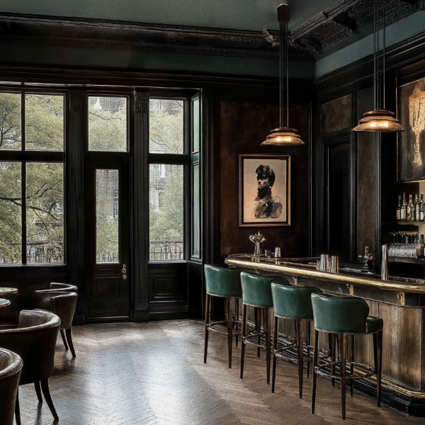 A boutique bar with wood floors, a dark wood bar, rich green leather barstools and across the room are cozy brown leather chairs sitting at two top tables.