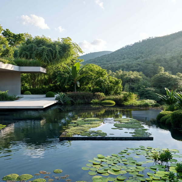 Natural pools featuring aquatic plants, soft edges, and surrounding greenery.