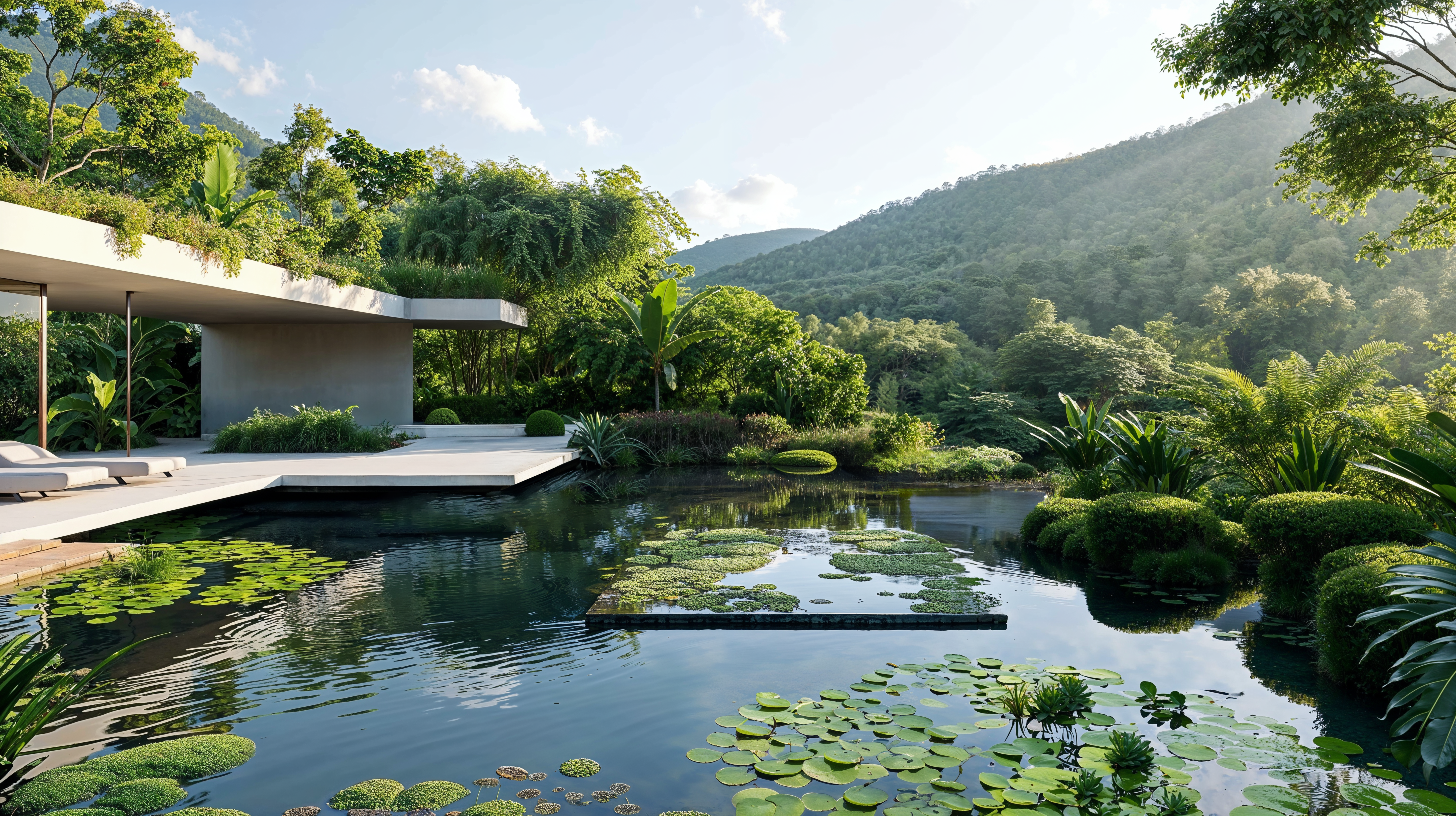 Natural pools featuring aquatic plants, soft edges, and surrounding greenery.