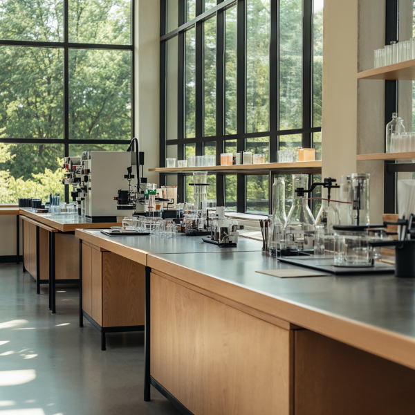 Designing for STEM education a laboratory with wooden shelving, clean surfaces and large windows.