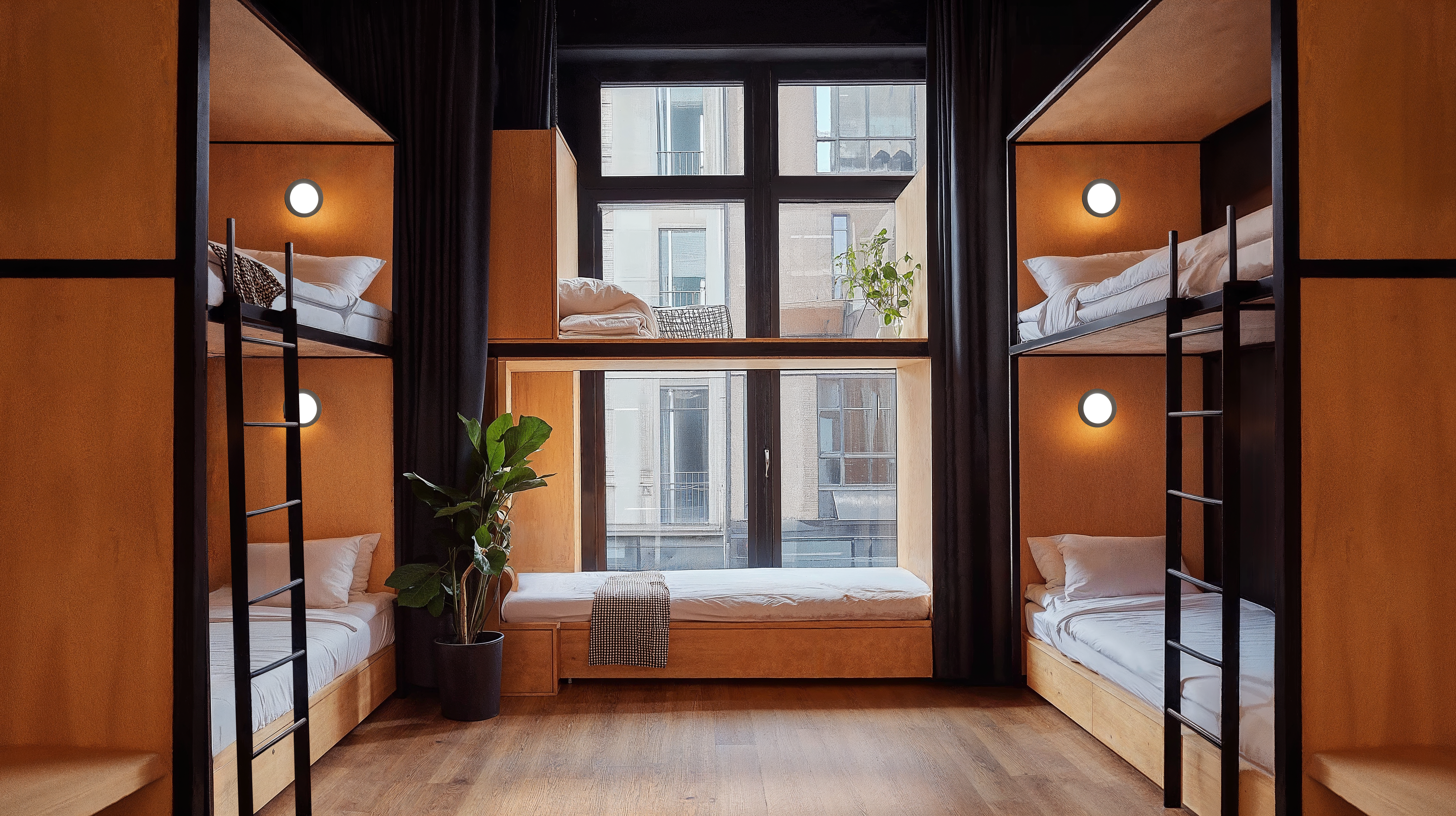 A modern dormitory with wooden wall paneling, black curtains, and warm lighting.