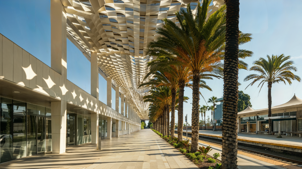 Mediterranean design train station with intricate geometric pattern overhead covering, muted tone exterior paint on the building and stone pavers running along the side of the outside train platform lined with palm trees. 