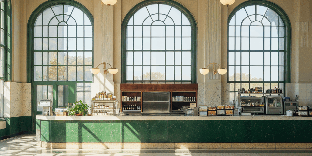 An art deco bus terminal with marble flooring, sculptural lighting, and granite countertops.