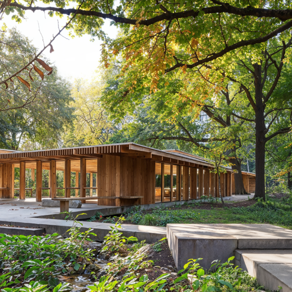 Outdoor classrooms made of wood, open area, wooden benches, surrounded by nature and concrete pathways.