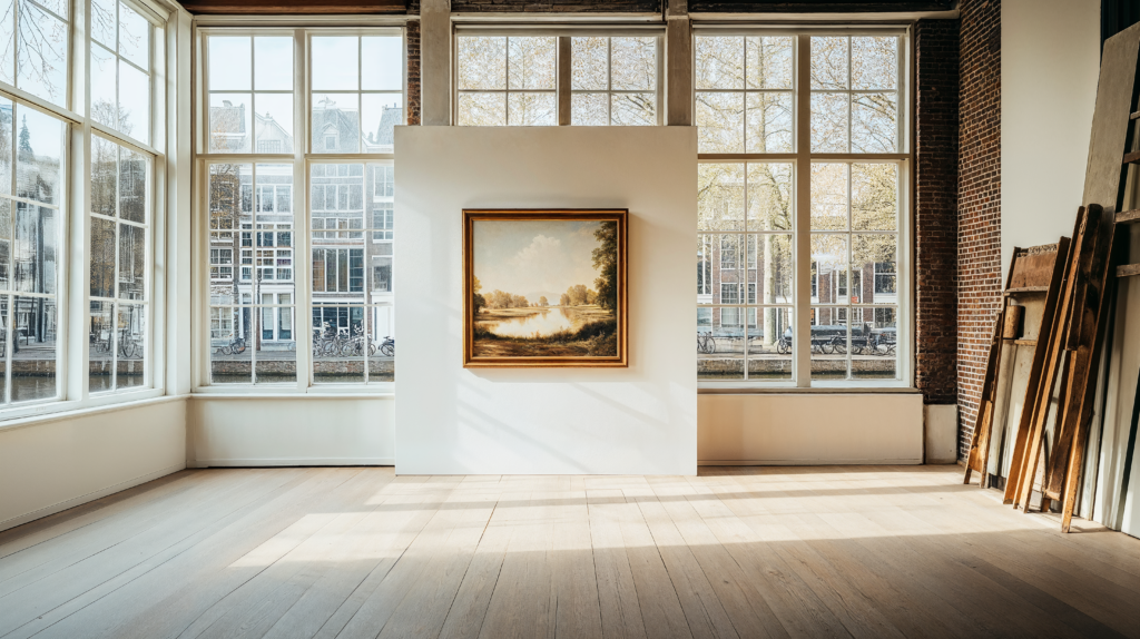 Dutch canal house art gallery space with a gallery wall showcasing artwork, exposed brick, windows with natural light, and light wood flooring.