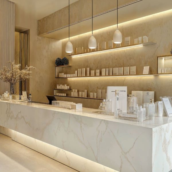 A boutique clinic with marble surfaces, soft lighting, and gold framed mirrors.