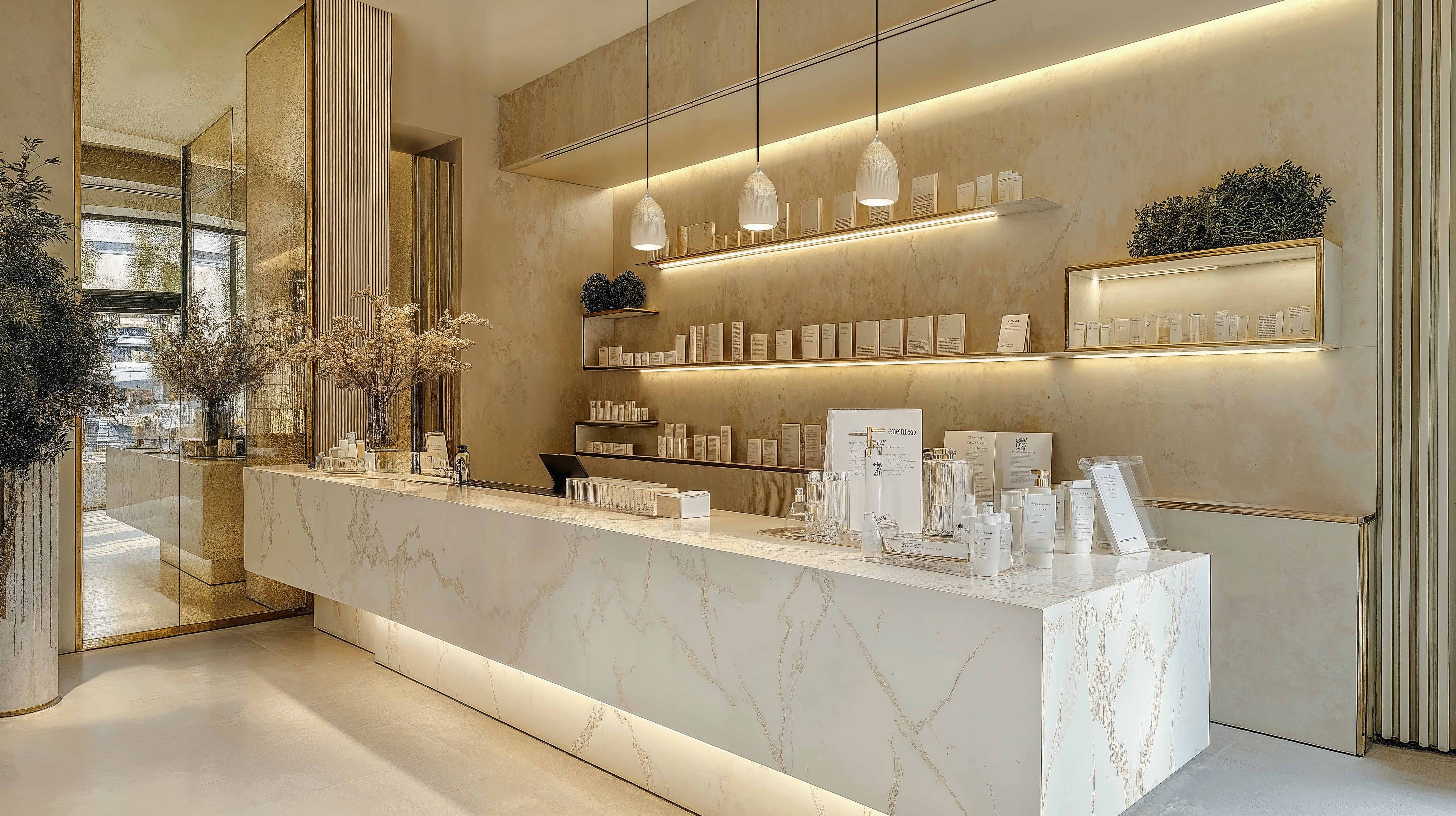 A boutique clinic with marble surfaces, soft lighting, and gold framed mirrors.