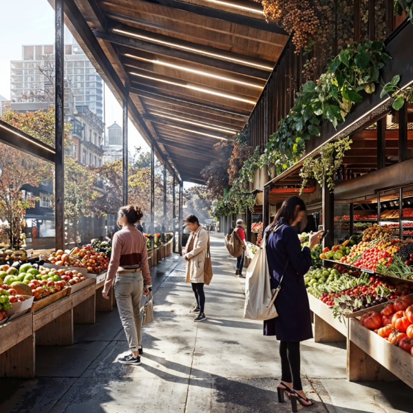 Open-air market with natural greenery, shaded wood rooftop, and fruits and vegetables.